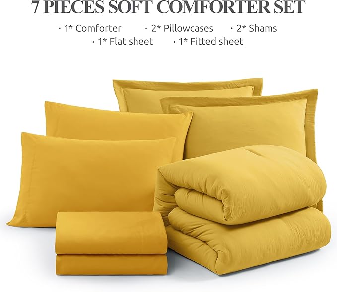 WRENSONGE Queen Comforter Set- 7 Pieces Soft Yellow Bed in a Bag Queen with Fitted Sheet, Flat Sheet, 2 Shams, and 2 Pillowcases- Warm Bedding Sets for All Season