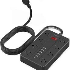 10 Ft Extension Cord Surge Protector, SMNICE 8 Widely Spaced Outlets and 6 USB (1 USB C) Charging Ports Flat Plug Power Strip, Desktop Power Cord for Travel Home Office Accessories Black