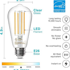 TJOY 20 Pack Vintage 8W ST58 LED Edison Light Bulbs, Dimmable, 60W Equivalent, 800Lumens, 2700K Warm White, E26 Base LED Filament Bulb, CRI80+, Antique Glass Style for Home, Bedroom, Office, Farmhouse