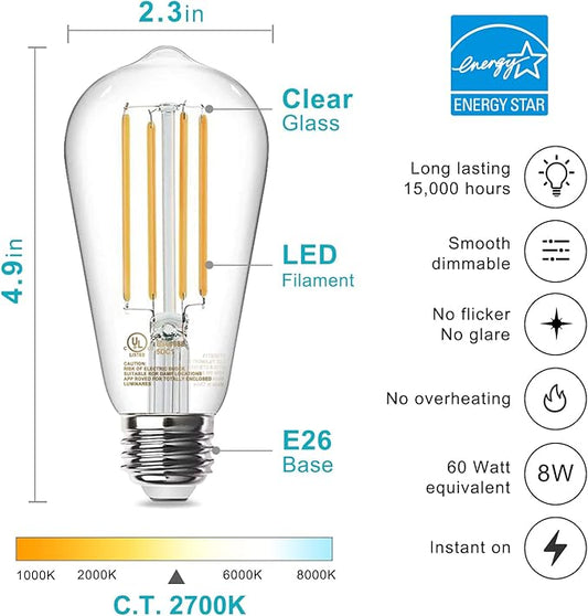 TJOY 20 Pack Vintage 8W ST58 LED Edison Light Bulbs, Dimmable, 60W Equivalent, 800Lumens, 2700K Warm White, E26 Base LED Filament Bulb, CRI80+, Antique Glass Style for Home, Bedroom, Office, Farmhouse