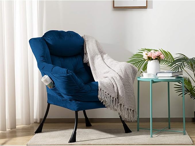 HollyHOME Lazy Chair with Armrest and Side Pocket, Comfy Accent Lounge Chair,Leisure Sofa Armchair for Living Room, Bedroom, Dorm, or Small Spaces, Oversized Reading Sofa Chair,Velvet Royal Blue