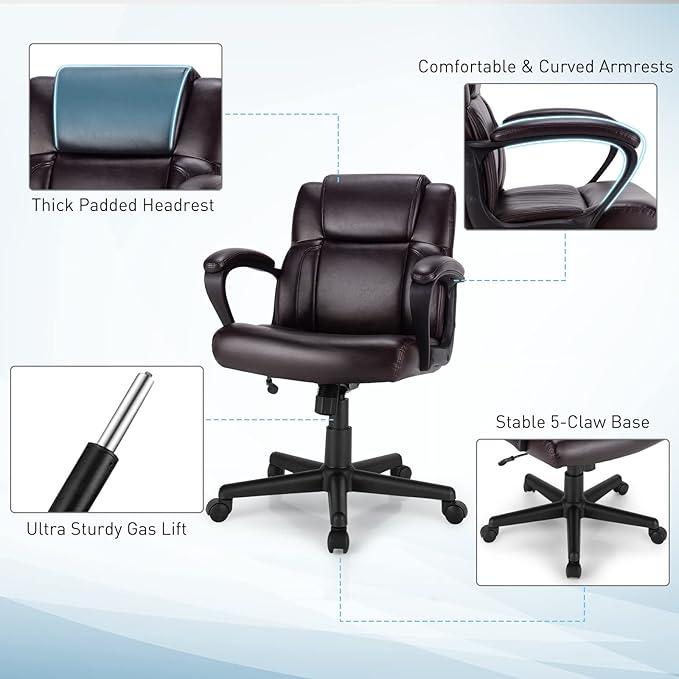 POWERSTONE Leather Executive Chair with 4in Thickened Cushion, Ergonomic Mid Back Office Desk Chair with Soft Padded Armrests for Home, Study and Office(Brown)