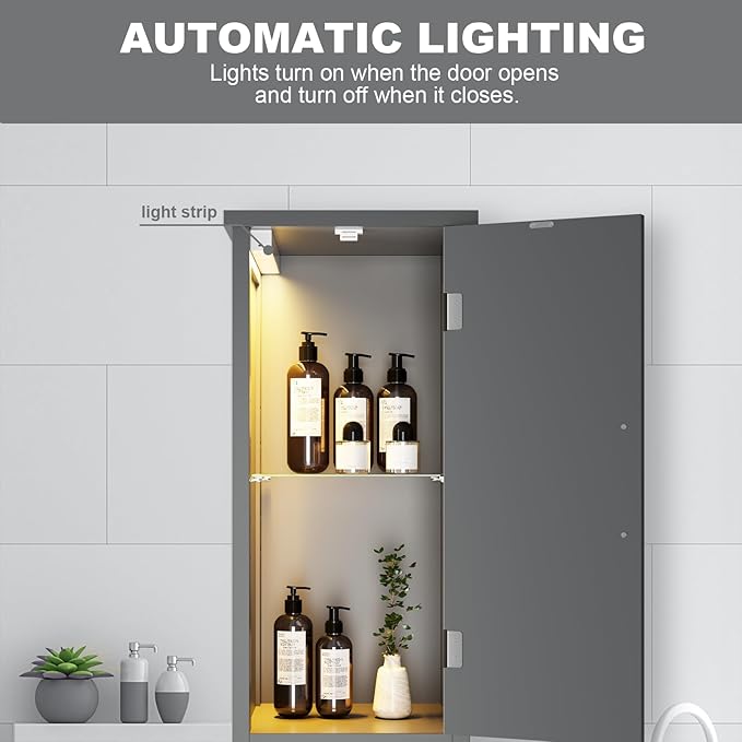 67" Tall Bathroom Storage Cabinet with Lights, Slim Narrow Bathroom Cabinet Organizer with Doors and Adjustable Shelves, Tall Cabinet for Small Space (66.9" Tall-Grey with Light, 1 Pack)