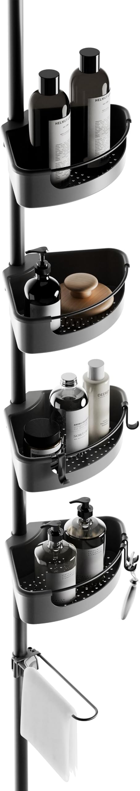 Zenna Home Tension Pole Shower Caddy Corner Organizer - Adjustable Standing Shower Caddy with 4 Baskets, 6 Hooks and Towel Bar, Rustproof Bathroom Tension Rod Organizer, 60 to 108 Inch, Matte Black