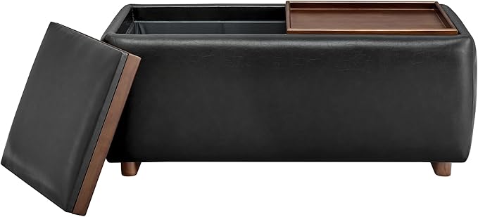 CHITA Storage Ottoman with Tray Lids, FSC Certified Small Rectangular Bench for Living Room, Bedroom, Faux Leather in Black (Light)