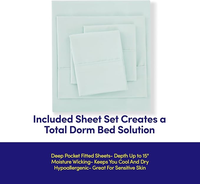 Dorm Room Essentials College Bedding Comforter Set 7 Piece Full Size Bed in a Bag for College Students Boys and Girls, Full, Mint