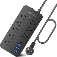 10FT Surge Protector Power Strip Extension Cord, Asamoom ETL Listed Flat Plug Power Strip with Long Cord, 8 Outlets and 3 USB A & 1 USB-C Port, 1700J Wall Mount Desk Black
