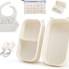 Baby Suction Plates for Toddlers, 6Pcs Travel Silicone Feeding Set for Toddlers/Kids, Foldable, Non-Slip Dishwasher Safe Plates & Utensils, BPA Free, Cat Design Gift Ready (Beige)