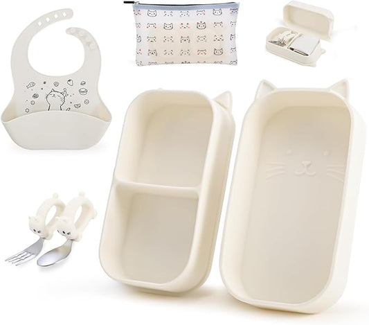 Baby Suction Plates for Toddlers, 6Pcs Travel Silicone Feeding Set for Toddlers/Kids, Foldable, Non-Slip Dishwasher Safe Plates & Utensils, BPA Free, Cat Design Gift Ready (Beige)