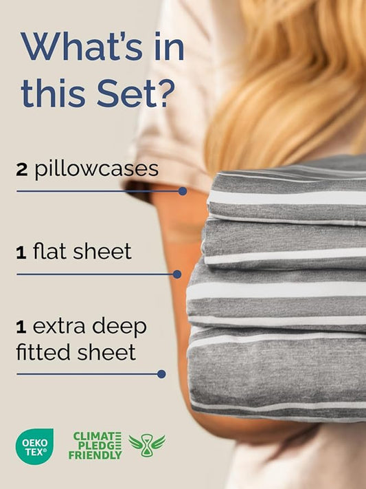 Extra Deep Pocket Full Sheets - 4 Piece Breathable & Cooling Bed Sheets - Hotel Luxury Bed Sheet Set - Soft, Wrinkle Free & Comfy - Easily Fits Extra Deep Mattresses - Deep Pocket Grey Striped Sheets