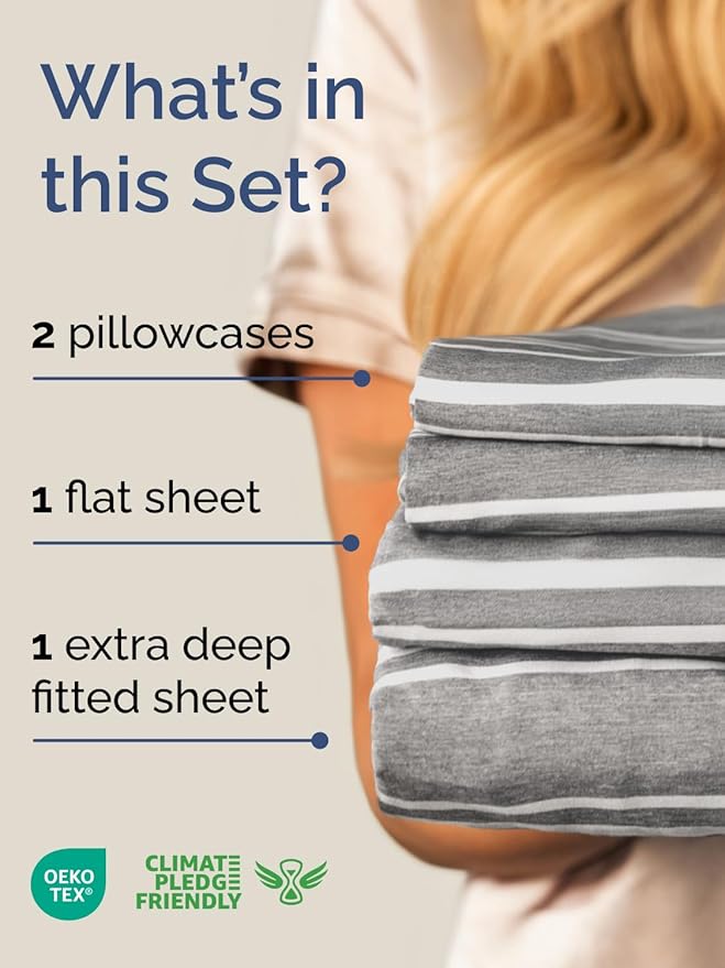 Extra Deep Pocket King Sheets - 4 Piece Breathable & Cooling Bed Sheets - Hotel Luxury Bed Sheet Set - Soft, Wrinkle Free & Comfy - Easily Fits Extra Deep Mattresses - Deep Pocket Grey Striped Sheets