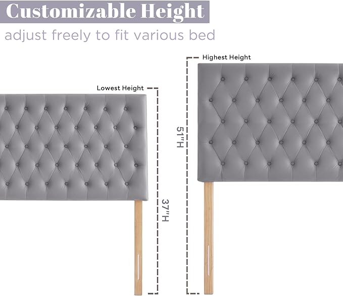 Kingfun Upholstered Queen Headboard Only, Premium Velvet Button Tufted Headboards, Adjustable Solid Wood Head Board, Padded Headboard with Solid Wood Legs in Bedroom (Gray)