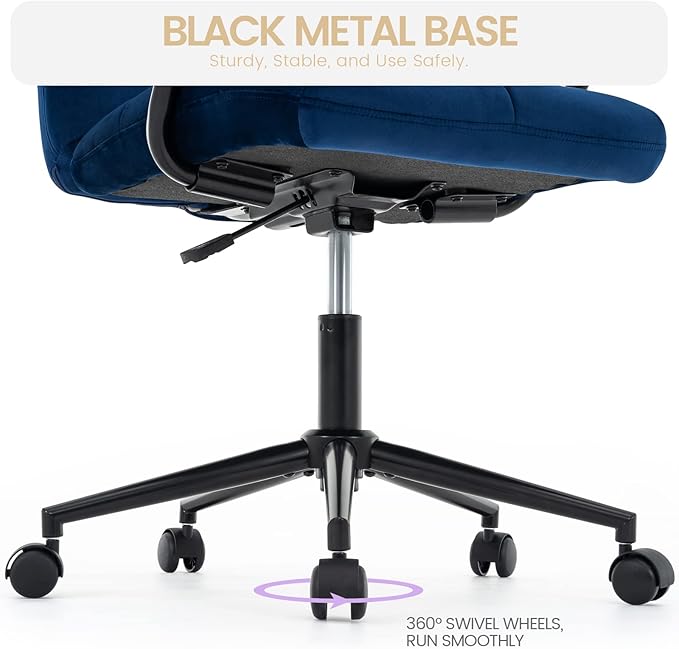 Velvet Home Office Desk Chair, Upholstered Adjustable Swivel Task Chair with Wheels, Tufted Mid-Back Computer Chair with Arms, for Study Living Room Vanity (Blue, Black Base)