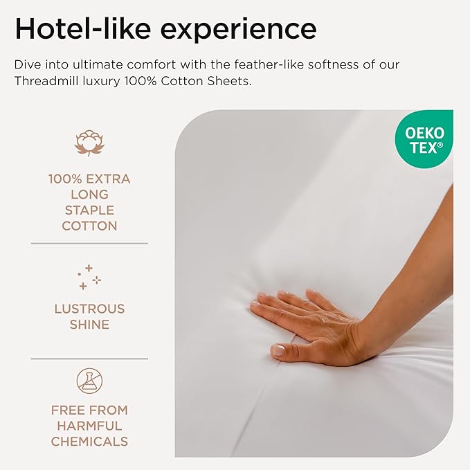 Threadmill 100% Cotton Sheets for King Size Bed - 600 Thread Count King Bed Sheets Set with 16” Deep Pocket - Sateen Weave 4-Piece Bedding Set with Cooling Effect, White