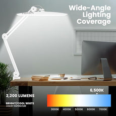 Neatfi XL 2,200 Lumens LED Desk Lamp with Clamp, 24W Bright Architect Task Lamp, 20 Inches Dimmable Computer Light, Adjustable Desk Light for Home, Office, Crafts, Nails & Hobbies (Non-CCT, White)