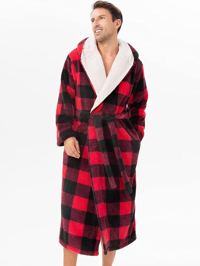 DAVID ARCHY Men's Hooded Robe Soft Coral Fleece Microfiber Bathrobe