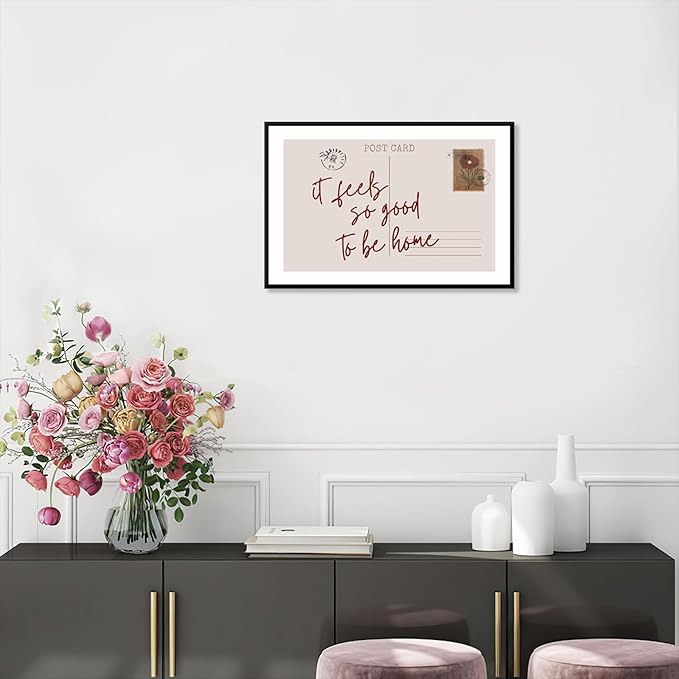 Retro Postcard Poster Neutral Feels So Good To Be Home Wall Art Trendy Pink Girly Room Decor Funky Quotes Canvas Prints Modern Stamp Sign Aesthetic for Dorm Apartment Bedroom 16x24in Metal Black Frame