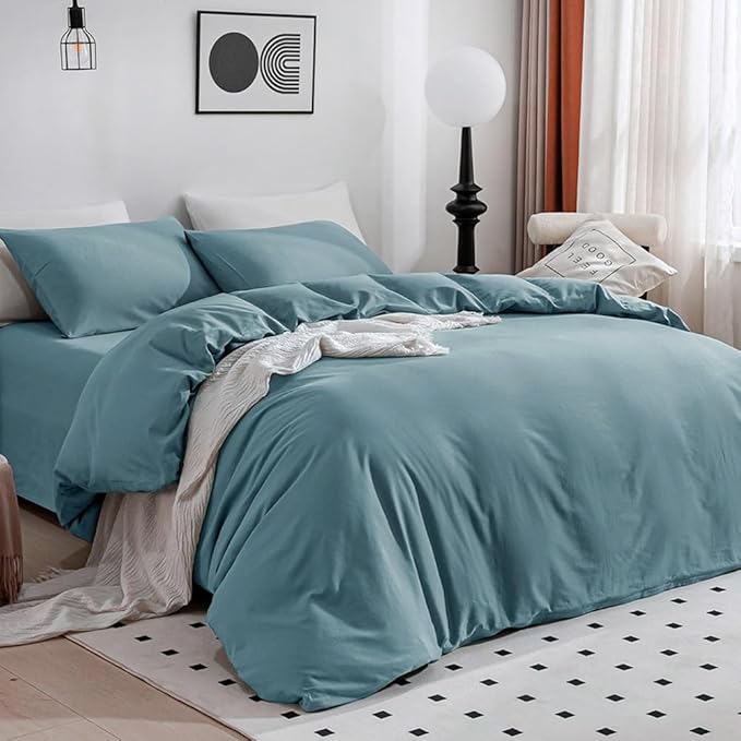 JELLYMONI Cotton Duvet Cover California King - 100% Washed Cotton Linen Feel Textured Comforter Cover, 3 Pieces Soft Bedding Set with Zipper Closure (Grayish Blue, Cal King 104"x98")