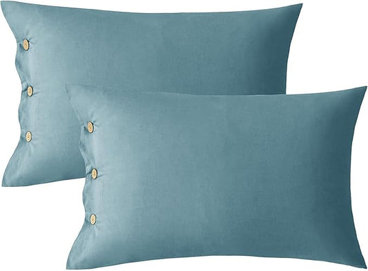 JELLYMONI Cotton Pillowcases King Set of 2 Button Pillow Covers 20×36in Grayish Blue Bed Pillow Cases 100% Washed Cotton Soft Breathable