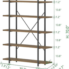 HSH Industrial Wood and Metal 5 Tier Bookshelf, Large Tall Open Rustic Wide Etagere Bookcase, Vintage Farmhouse Modern Wooden Big Book Shelf for Home Living Room Bedroom Office Storage, Rustic Oak