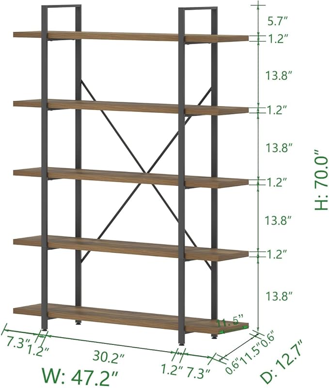 HSH Industrial Wood and Metal 5 Tier Bookshelf, Large Tall Open Rustic Wide Etagere Bookcase, Vintage Farmhouse Modern Wooden Big Book Shelf for Home Living Room Bedroom Office Storage, Rustic Oak