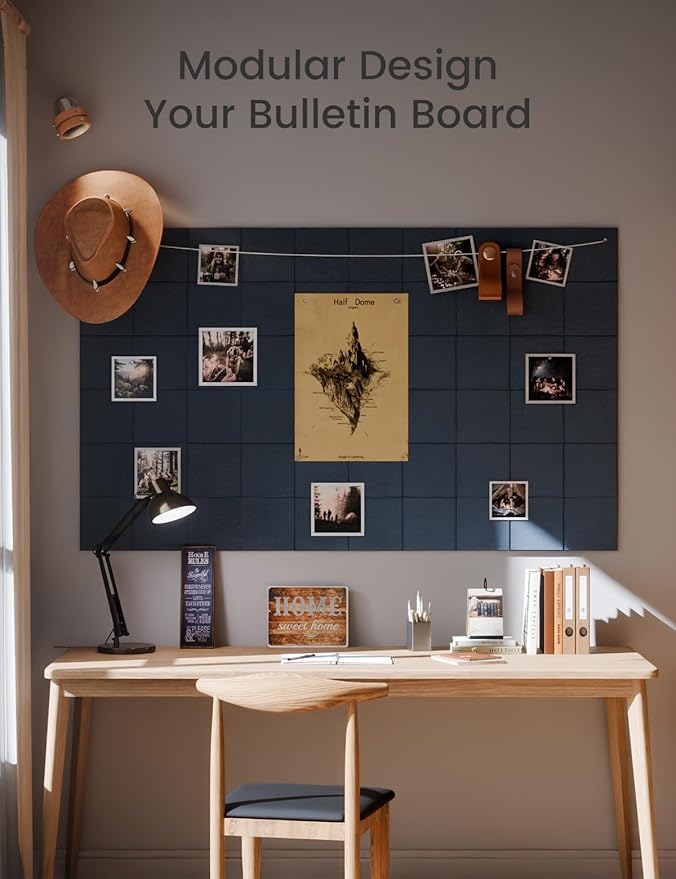 Large Felt Bulletin Board 48" x 36", 12-Pack 4-Compartment Wall Organizer, Cork Board Alternative with 70 Removable Adhesive Tabs, Modular Felt Panels for Home Office, Classroom and Study-Navy Blue