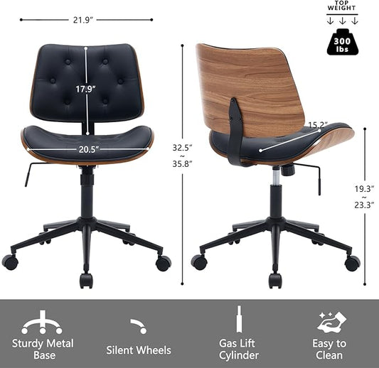 Armless Home Office Chair with Wheels, PU Leather Adjustable Height Computer Desk Chair, 360 Swivel Small No Arms Chair, Modern Button Walnut Style for Office, Reading Meeting Room(Black)