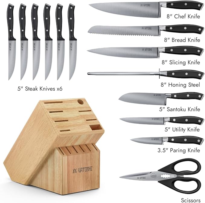 Yatoshi 15 Piece Black Knife Block Set - Pro Kitchen Knife Set Ultra Sharp High Carbon Stainless Steel with Ergonomic Handle