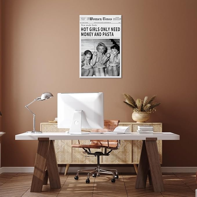 Vintage Women Times Newspaper Canvas Wall Art Black and White Aesthetic Poster Funky Hot Girl Eating Pasta Fashion Prints for Italian Kitchen Bar Cart Girly Dorm Room Art Posters 24x36inch Framed
