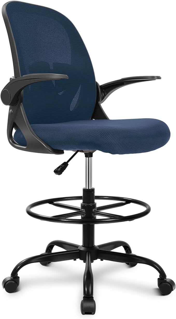 Primy Drafting Chair Tall Office Chair with Flip-up Armrests Executive Ergonomic Computer Standing Desk Chair with Lumbar Support and Adjustable Footrest Ring (Navy)