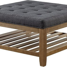24KF Large Square Upholstered Tufted Linen Ottoman Coffee Table, Large Footrest Ottoman with Solid Wood Shelf- Charcoal