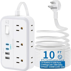 10 ft Flat Extension Cord, Flat Plug Power Strip with 6 Outlets 4 USB Ports, Wall Mounted Outlet Extender, Overload Protection for Indoor, Home, Office Supplies, Dorm Room Essentials