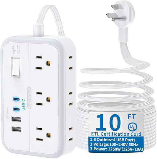 10 ft Flat Extension Cord, Flat Plug Power Strip with 6 Outlets 4 USB Ports, Wall Mounted Outlet Extender, Overload Protection for Indoor, Home, Office Supplies, Dorm Room Essentials