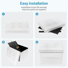 Storage Ottoman Foot Rest Stool, Small Leather Storage Ottomans Bench, Folding Footstool with Side Pockets, Foot Rest Under Desk for Living Room Bedroom, 17x13x13 in, White