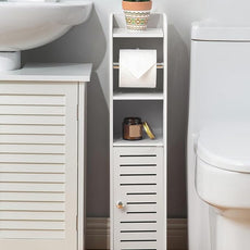 AOJEZOR Toilet Paper Holder Stand: No Drill PVC Small Bathroom Cabinet for Apartment Dwellers - Rental Deposit Protection - Small Space Storage Saving