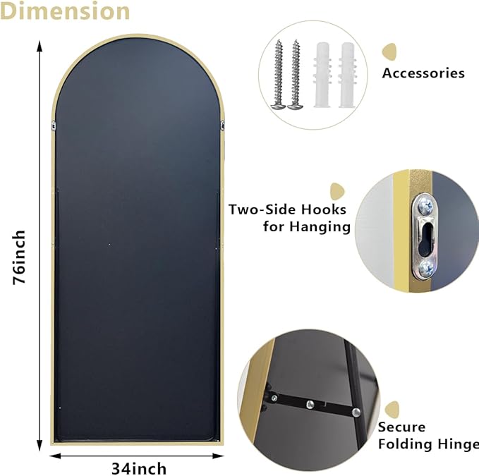 Oversized Full-Body Mirror, 76" x 34" Arched Full-Length Mirror, Gold Metal Frame, Floor Mirror for Bedroom, Living/Dressing Room, Gym - Stand/Wall Mounted/Leaning