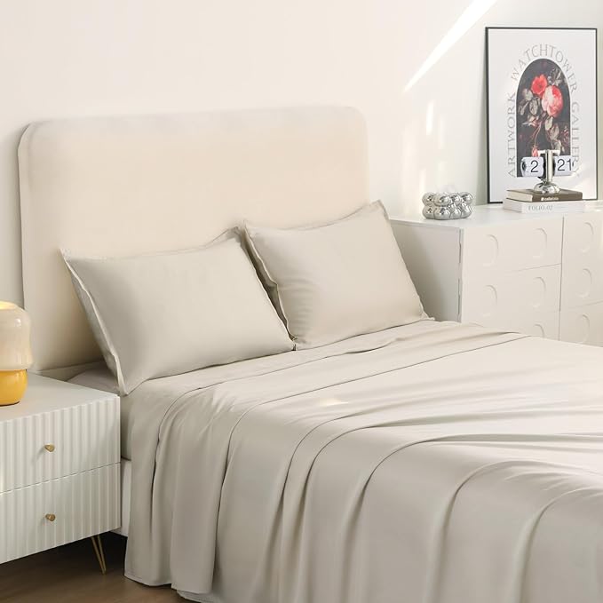 Queen Size 4 Piece Bed Sheet Sets, DeepSleep Tech Luxury Bedding Made with 100% Tencel Lyocell - Silky, Lustrous & Gentle on Skin | Sands of Time (2 Sheets, 2 Pillow Cases)