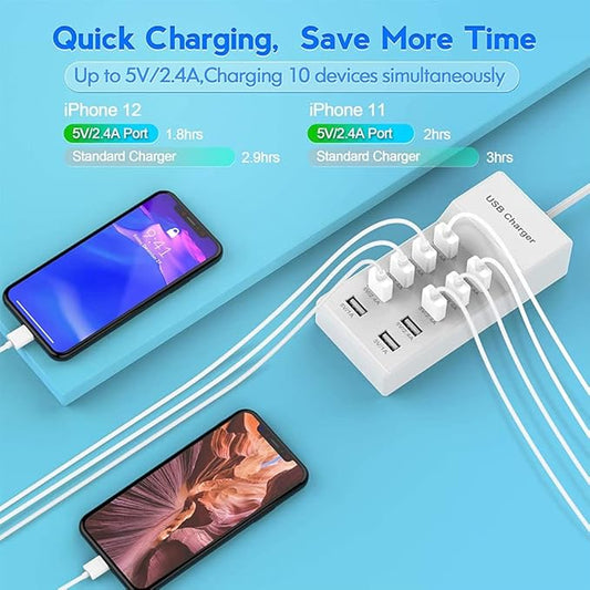 10-Port USB Wall Charger Station with Rapid Charging Auto Detect Technology Safety Guaranteed Family-Sized USB Ports for Multiple Devices Smart Phone Tablet Laptop Computer