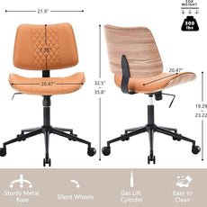 Home Office Chair No Arms with Wheels, Adjustable Height PU Leather Mid Back, 360 Swivel Computer Small Desk Chair, Armless Modern Walnut Style for Office, Reading Meeting Room(Brown)