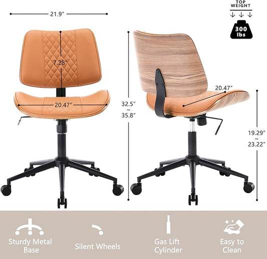 Home Office Chair No Arms with Wheels, Adjustable Height PU Leather Mid Back, 360 Swivel Computer Small Desk Chair, Armless Modern Walnut Style for Office, Reading Meeting Room(Brown)