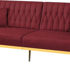 70” Velvet Futon Sofa Bed with 2 Pillows and Adjustable Armrests, Convertible Sleeper Bed W/Adjustable Backrests, Modern Loveseat for Living Room, Bedroom, Red