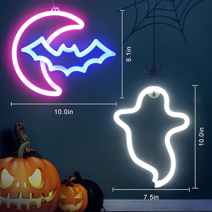 BRIGHTDECK 2 Pack Halloween Neon Signs, White Ghost, Blue Bat Full Moon Neon Lights Decorations, USB/Battery Powered Led Neon Sign for Halloween Wall Decor, Bedroom, Kids Gift, Living Room, Bar, Party (Half Moon)