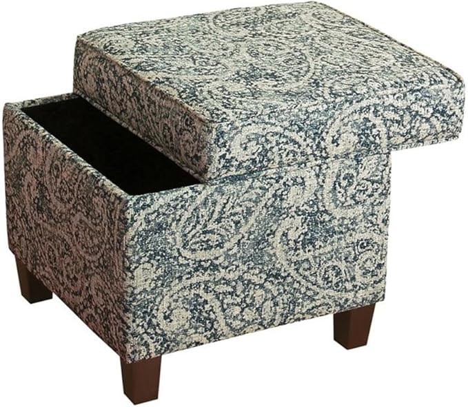 Homepop Home Décor|K7342-F2214|Classic Square Storage Ottoman with Lift Off Lid | Ottoman with Storage for Living Room & Bedroom, Gray Paisley Blue