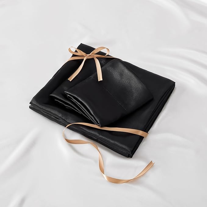 BEDELITE Satin Sheets Full Size Bed Set, Luxury Soft Black Silky Sheets for Hair and Skin, Similar to Silk Bed Sheets Set 4 Pieces with 1 Deep Pocket Fitted Sheet, 1 Flat Sheet, and 2 Pillowcases