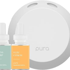 Pura - Smart Home Fragrance Device Starter Set - Pura 4 - Scent Diffuser for Home - Includes Fragrance Aroma Diffuser - Square Box, Linens & Surf and Yuzu Citron Scent Refills