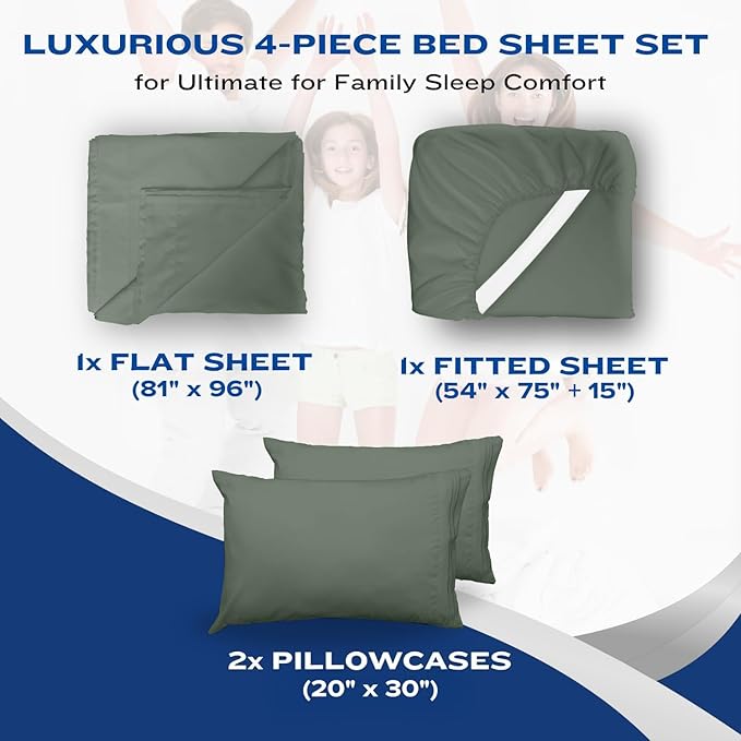 DREAMCARE Full Size Sheets Set - 4 Pcs Cooling Bed Sheets with Up to 15" Deep Pockets - Soft, Long-Lasting 100% Brushed Polyester with Side Pocket (Sage Green) DREAMCARE
