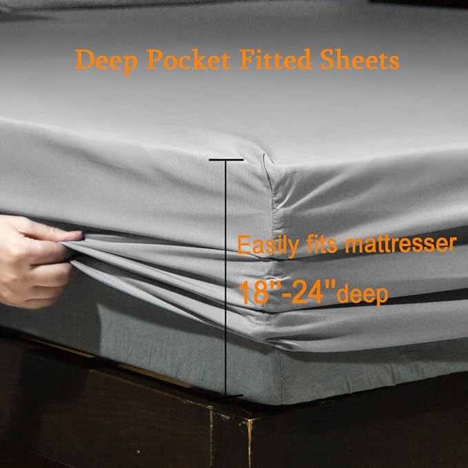 SONORO KATE Bed Sheet Set Super Soft Microfiber 1800 Thread Count Luxury Egyptian Sheets Fit 18-24 Inch Deep Pocket Mattress Wrinkle-6 Piece (Grey, King)