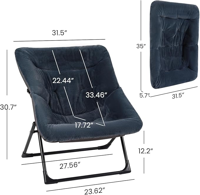 Comfy Saucer Chair for Adults, Set of 2, Soft Faux Fur Bedroom Chair, Accent Dorm Chairs, Flexible Living Room Reading Chairs, Oversized Folding Lounge Seat for Teens, X-Large, Navy Blue