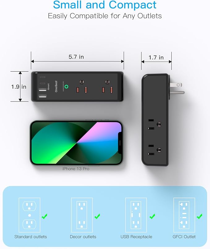 Surge Protector Outlet Extender - with Rotating Plug, 6 AC Multi Plug Outlet with 4 USB Ports (2 USB C), 1800 Joules, 3-Sided Swivel Power Strip with Spaced Outlet Splitter for Dorm, Office, Black