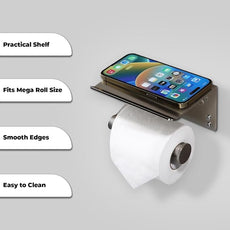 Toilet Paper Holder with Shelf - 3M Self Adhesive Tissue Towel Dispenser or Wall Mounted Toilet Paper Roll Holder - Rustproof Bathroom Phone Holder Tissue Holder Brushed Nickel